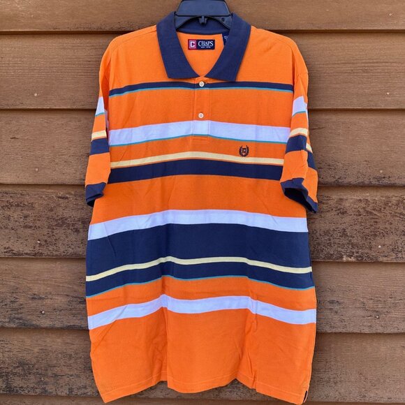 Chaps Orange Striped Polo 100% Cotton Button Up Shirt Size L - Picture 1 of 8
